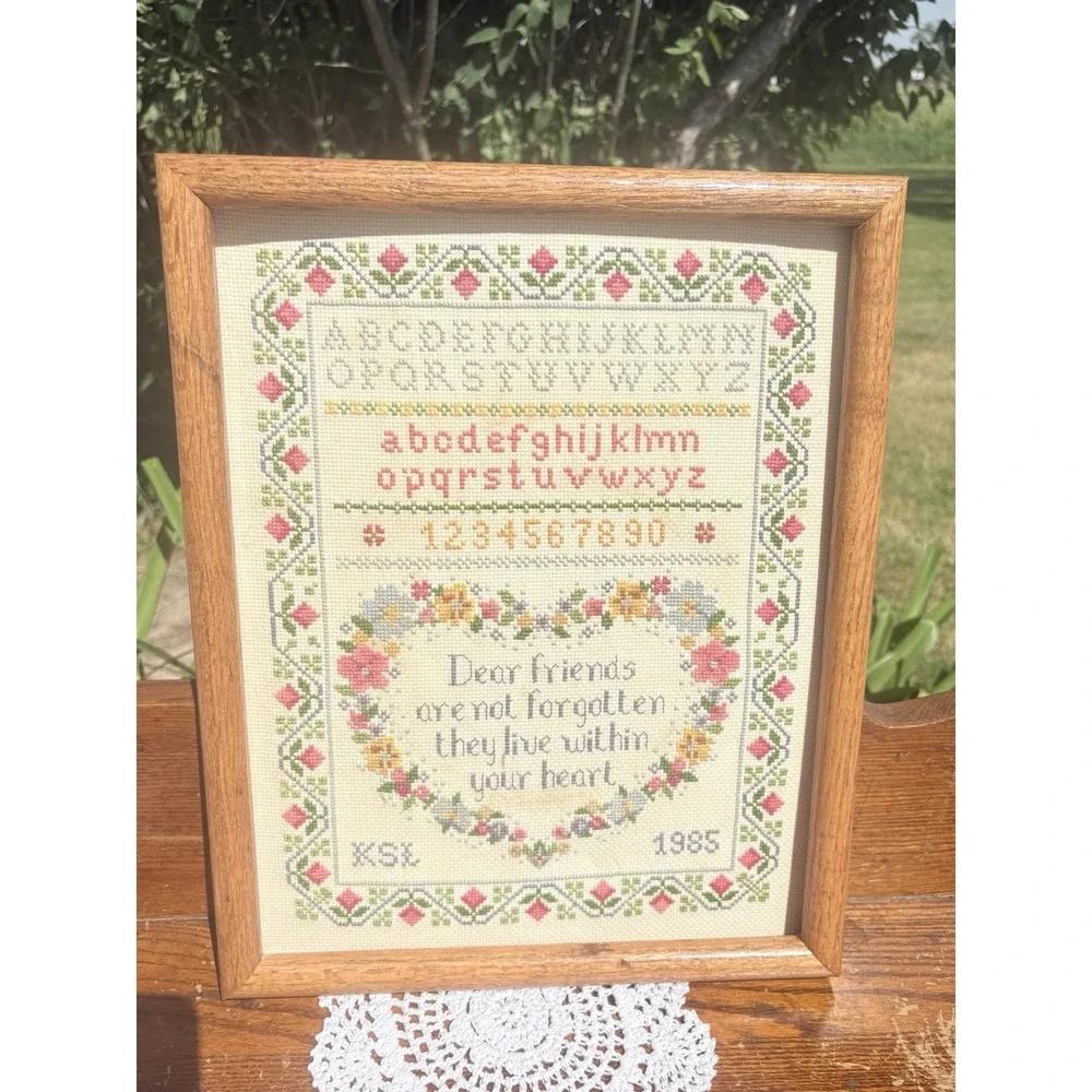 Vintage Framed Cross Stitch Sampler Dear Friends Live Within Your Heart 12 X 15
